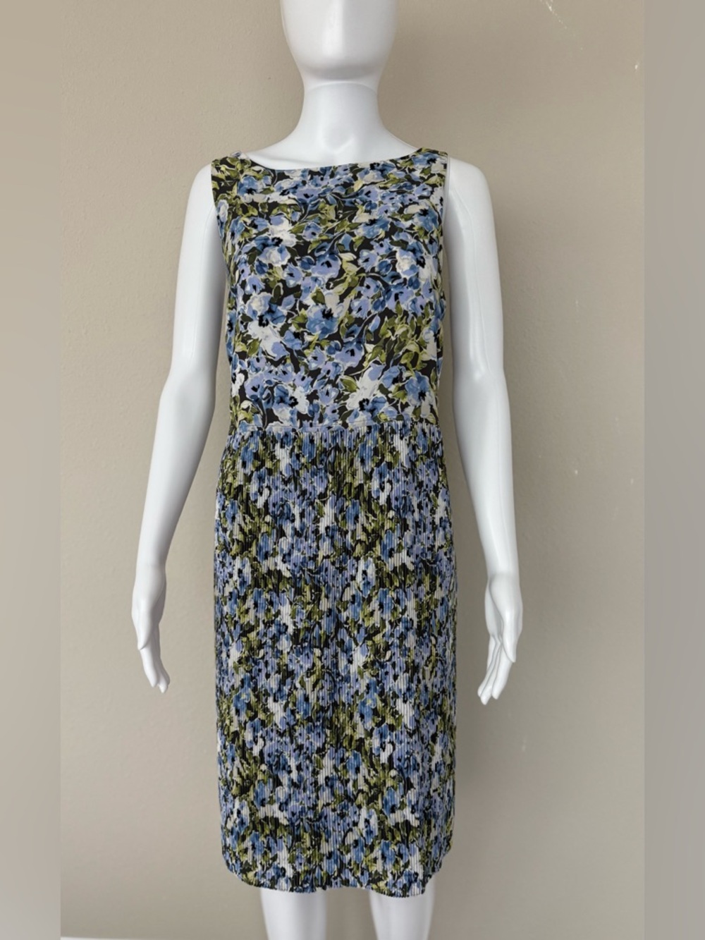 J. Jill Blue and Olive Floral Pleated Midi Dress
